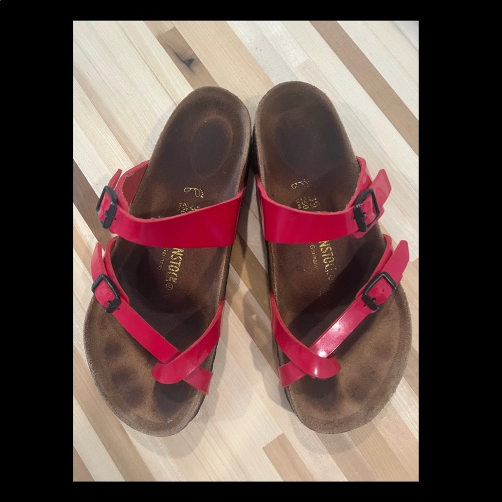 Womens Birkenstocks size 39 us 8.5 red patent material in used condition NICE